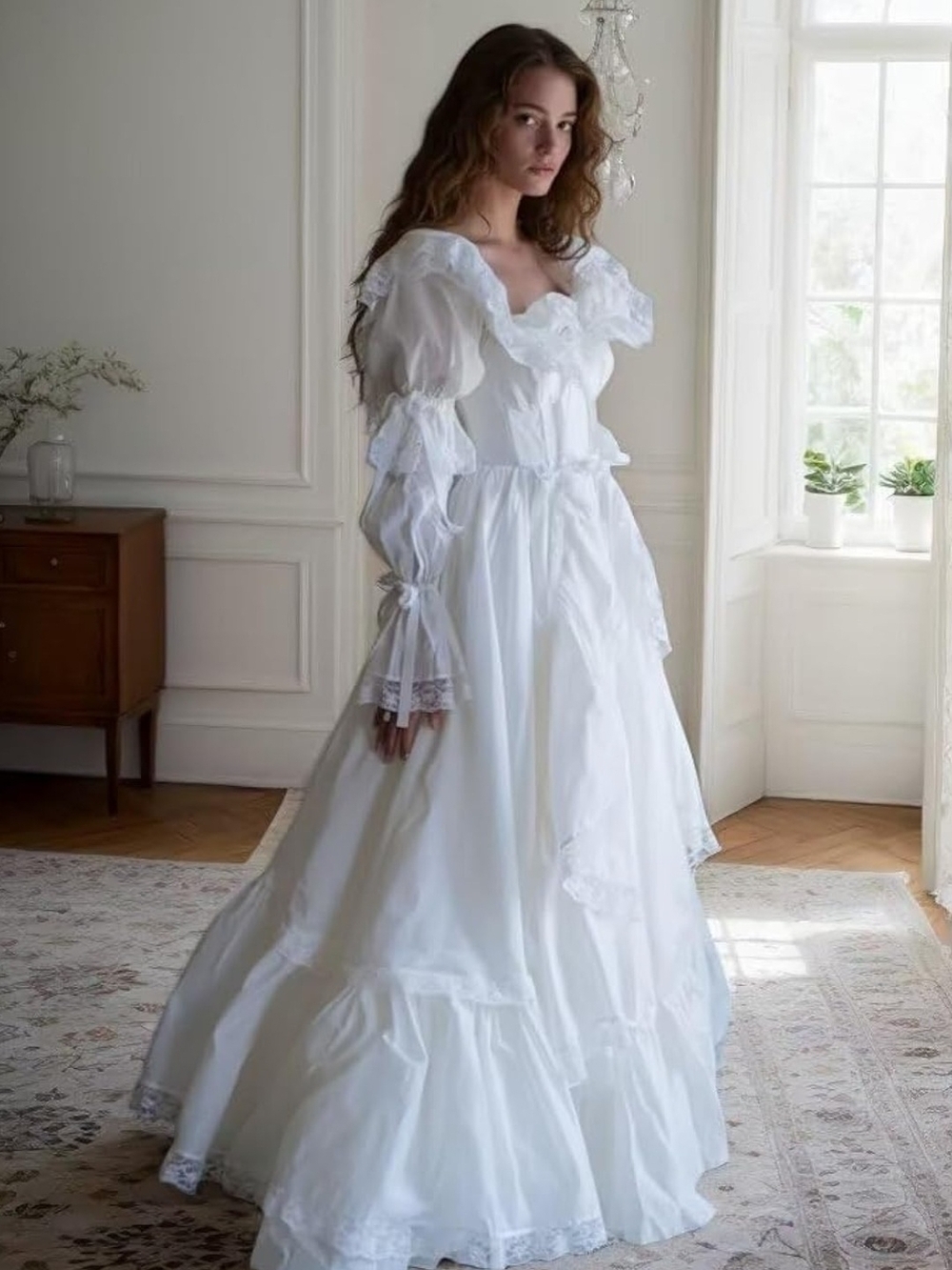 White Romantic Lace-Trim Maxi Dress